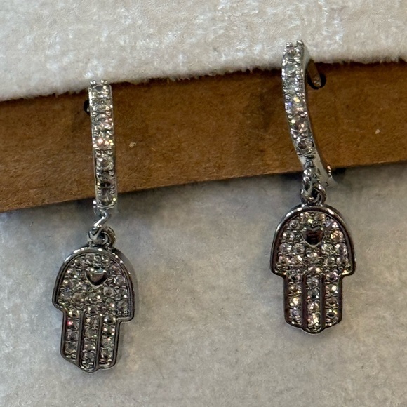 Stainless Steel CZ Hamsa Hoop Earrings Silver-Tone Dangle Protection Charms NWT - Picture 2 of 8